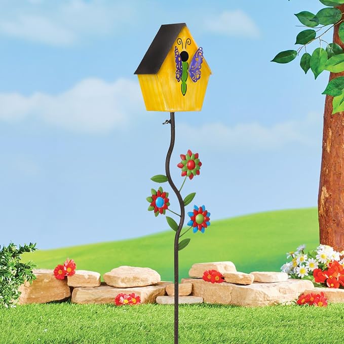 51” Metal Bird Houses Stake for Outside Butterfly Design | Metal Wild Birdhouse, 5 Pronged Garden Stake Pole, Outdoor Decorations for Patio, Backyard, Garden