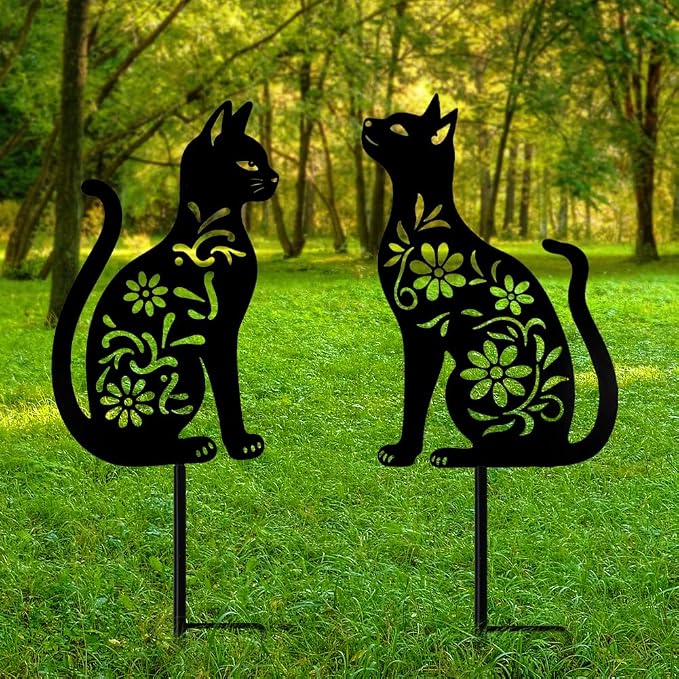 Cat Garden Decor for Outside, Black Cat Metal Decorative Garden Stakes for Yard Art, Patio, Outdoor Decor, Garden Decorations, Lawn Ornaments, Unique Gifts for Cats Lovers (2 Pack)