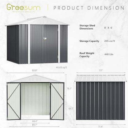 Greesum 8x6FT Outdoor Storage Shed, Utility Tool Shed with Sloping Roof, Metal Storaged Garden Shed with Door & Lock for Patio Storage, Gray