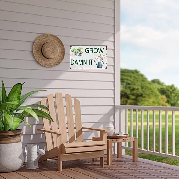 Vintage Garden Sign Grow Damn It Metal Tin Sign Flower Sign Retro Aluminum Sign Wall Decor for Garden Yard Home Outdoor Outside 12×8 Inch