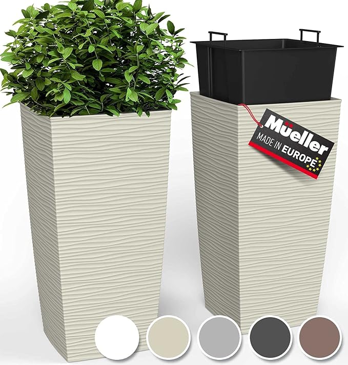 Mueller Janska M-Resin Heavy Duty Tall Planter, Indoor/Outdoor Grande Plant, Tree, Flower Pot, 2-Piece Set, 27.5”, Modern Design, Built-in Drainage, Beige