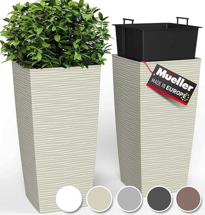 Mueller Janska M-Resin Heavy Duty Tall Planter, Indoor/Outdoor Grande Plant, Tree, Flower Pot, 2-Piece Set, 27.5”, Modern Design, Built-in Drainage, Beige
