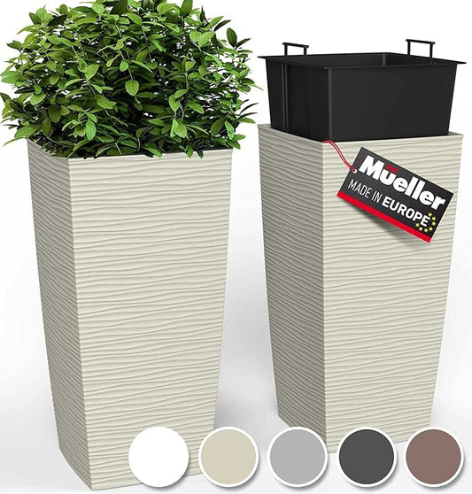 Mueller Janska M-Resin Heavy Duty Tall Planter, Indoor/Outdoor Grande Plant, Tree, Flower Pot, 2-Piece Set, 27.5”, Modern Design, Built-in Drainage, Beige