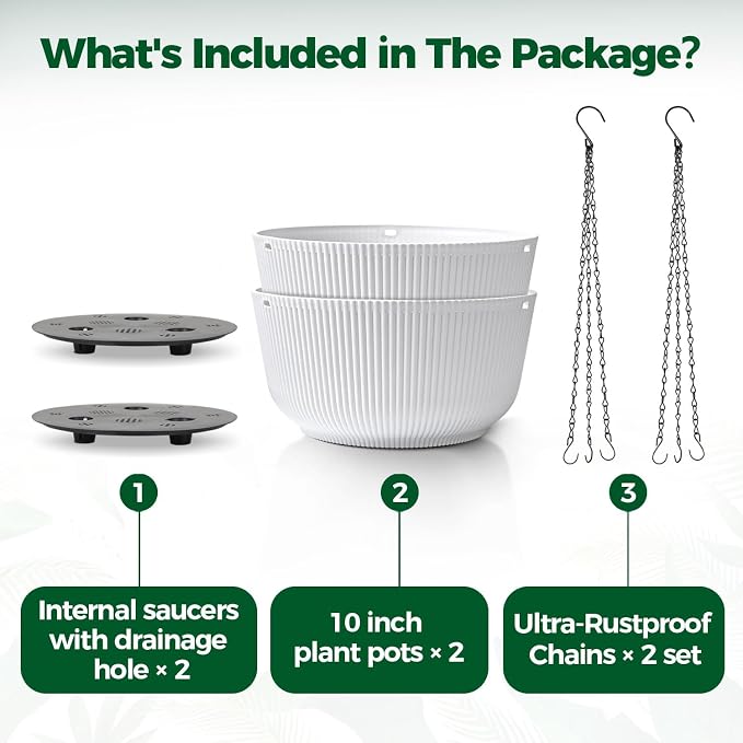 T4U 10 Inch Hanging Planters for Indoor Plants, 2 Pack White Self Watering Hanging Plant Pot, Hanging Pots Set with Drainage Hole & Plug & Chain with 3 Hooks for Garden Home Decor
