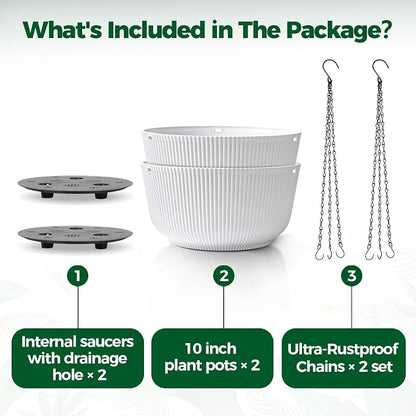 T4U 10 Inch Hanging Planters for Indoor Plants, 2 Pack White Self Watering Hanging Plant Pot, Hanging Pots Set with Drainage Hole & Plug & Chain with 3 Hooks for Garden Home Decor