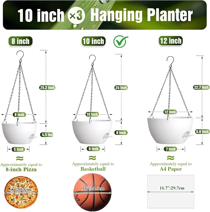 10 Inch Self-Watering Hanging Planters Set of 3 with Saucers | Set of 3 10-inch self-watering hanging planters with extra growing space, side-fill ports, chain hangers & snap-on saucers