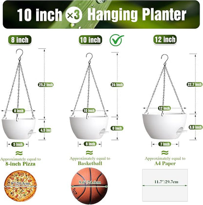 10 Inch Self-Watering Hanging Planters Set of 3 with Saucers | Set of 3 10-inch self-watering hanging planters with extra growing space, side-fill ports, chain hangers & snap-on saucers