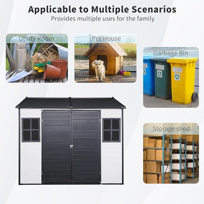 PVWIIK 8x6 ft Resin Outdoor Storage Shed with Floor & Window, Lockable Waterproof All-Weather Utility Shed for Garden Tools & Trash Bins, Black-White