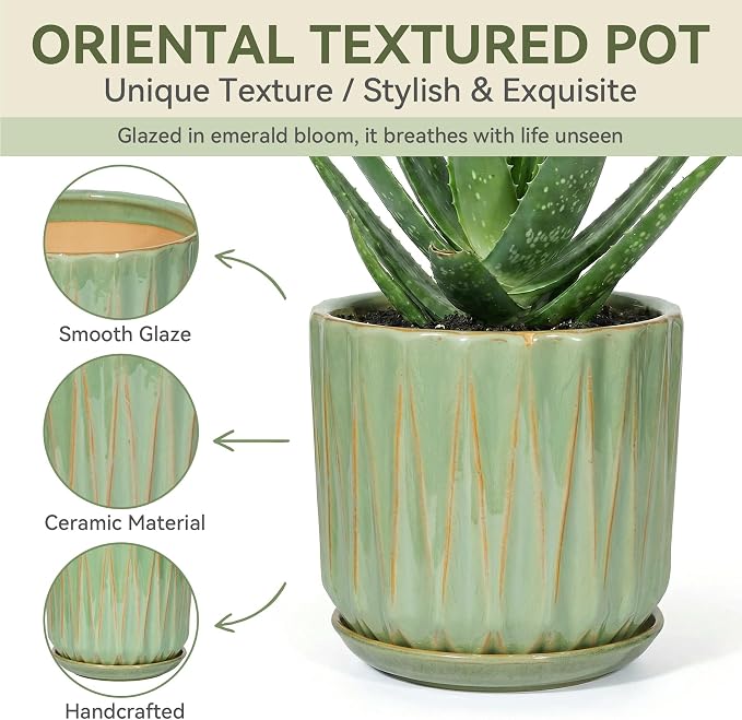 10 Inch Ceramic Planter Pot with Saucer Drainage Leak-Proof Mesh,Flower Pots for Indoor Plants with Gardening Gloves,Ceramic Planter(Light Green)