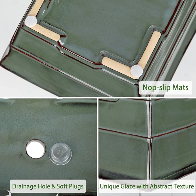 Ceramic Bonsai Pots with Drainage Tray Set of 2, 6 Inch Green Glazed Bonsai Planters for Indoor/Outdoor Use, Shallow Rectangular Bonzai Tree Pots for Succulent, Orchids, Cacti, Home, Patio, Garden