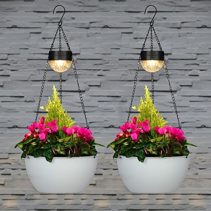 BAYN 2 Packs Solar Hanging Basket Planters for Plants Outdoor | Self Watering, White Flower Pots with Solar Light , Hanging Planters with Drainer for Balcony Patio Garden Decoration