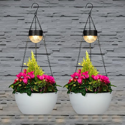 BAYN 2 Packs Solar Hanging Basket Planters for Plants Outdoor | Self Watering, White Flower Pots with Solar Light , Hanging Planters with Drainer for Balcony Patio Garden Decoration