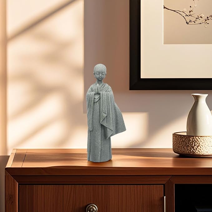 Stone Buddha Statue for Home, Meditating Monk Statue with Praying Hands, Exquisite Asian Zen Decor for Home/Office (5.3 Inch)