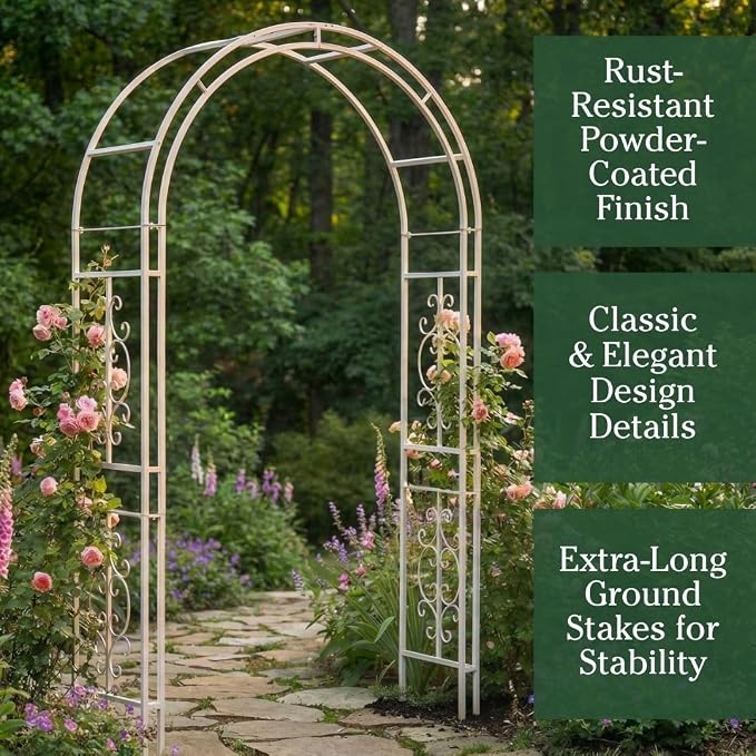 Plow & Hearth Arch Metal Outdoor Garden Arbor Montebello White, 7 Feet Tall, Iron Trellis Lattice for Climbing Plants, Wedding Arch, Outdoor Patio Décor