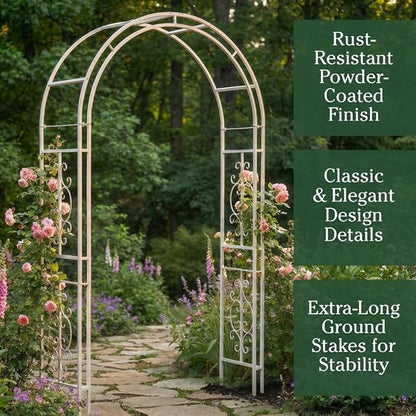 Plow & Hearth Arch Metal Outdoor Garden Arbor Montebello White, 7 Feet Tall, Iron Trellis Lattice for Climbing Plants, Wedding Arch, Outdoor Patio Décor