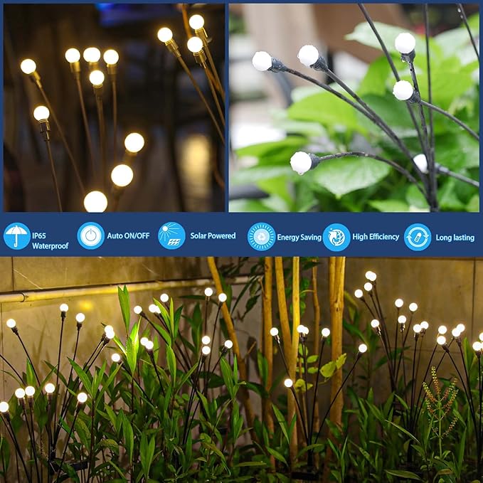 TONULAX Solar Garden Lights - 8 Pack 64 LED Upgraded Solar Swaying Light, Sway by Wind, Outdoor Lights, Yard Patio Pathway Decoration, High Flexibility Iron Wire & Heavy Bulb Base, Warm White