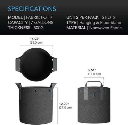 AC Infinity Heavy Duty Fabric Pots, 7 Gallon Aeration Grow Bags 5-Pack with 500G Thick Nonwoven Fabric and Multi-Purpose Rings, for Low Stress Plant Training Fruits, Vegetables, and Flowers