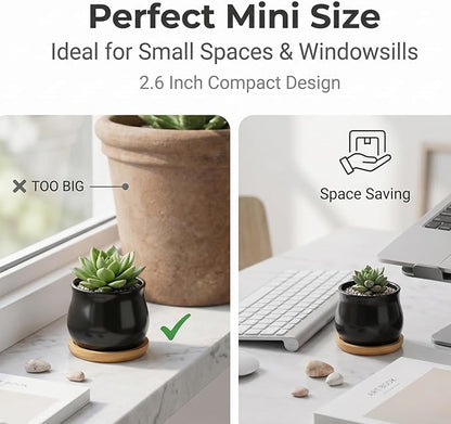 SHECIPIN 8 Pack Succulent Plant Pot, Matte Black Mini 2.6 inch Ceramic Flower Planter Pot with Bamboo Tray, Small Pots for Plants, Plants Not Included