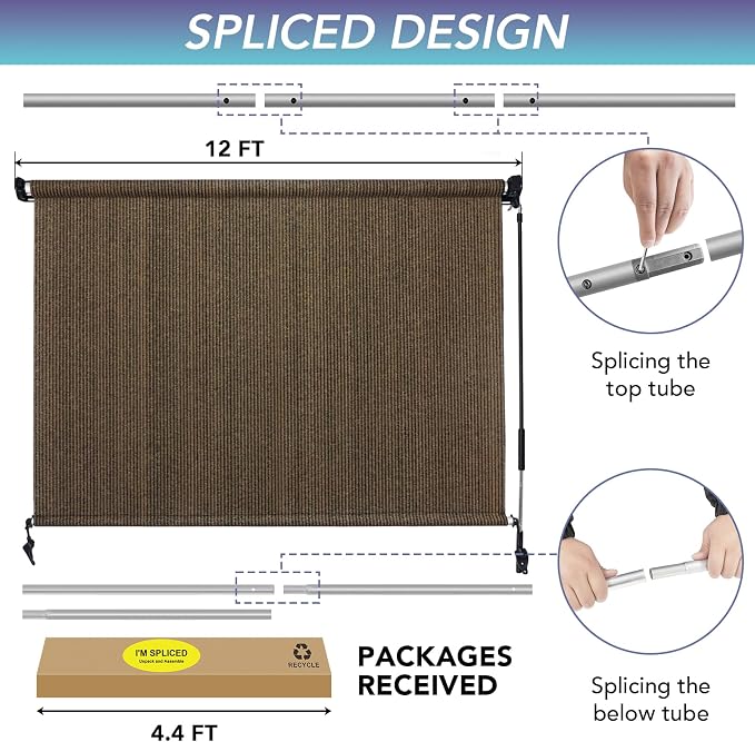 KANAGAWA Outdoor Roller Shade 12'X8' Mocha Exterior Cordless Patio Roll Up Shades for Outside Pergola Porch, Outdoor Blinds for Patio