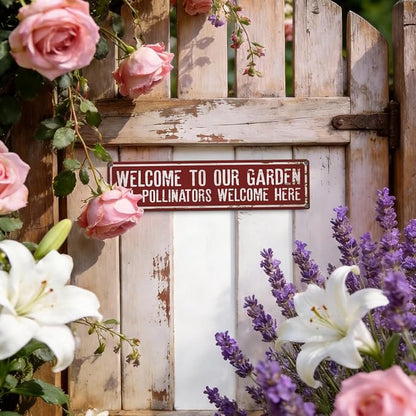 Garden Metal Tin Sign, Rustic Farmhouse Decor, Welcome to Our Garden Sign, Gardening Wall Art, for Yard Fence Door Porch, Indoor Outdoor Gardens Decoration, 15.7 x 3.9 Inches