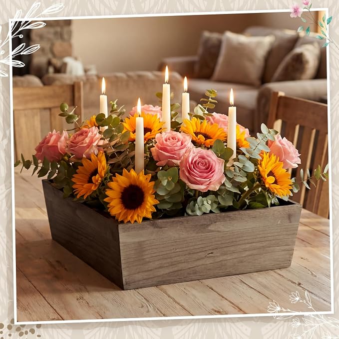 Dandat 2 Set Wooden Centerpiece Box for Wedding Table Decor 12 Inch Rustic Wood Planter Box with Removable Plastic Liner Flower Boxes for Party Wedding Baby Shower Home Garden Decor(Brown)
