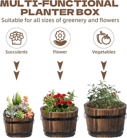 3 Pcs Wooden Whiskey Barrel Planters, Wooden Flower Planters Pots Boxes with Metal Handles 3 Sizes Planting Wood Buckets Tree Pot for Indoor Outdoor Garden Home Plants