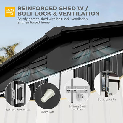 DWVO 7x5FT Outdoor Storage Shelter, Roomy Steel Tool Shed with Secure Entrances & Air Circulation for Patio, Lawn, and Backyard, Ideal for Storing Garden Gear, Lawn Tools, and Bikes, Brown