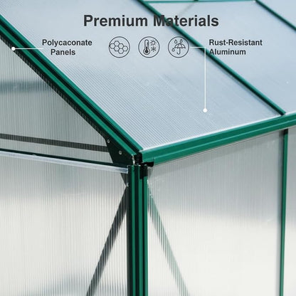 6x8 FT Greenhouse, Walk-in Heavy Duty Polycarbonate Outdoor Greenhouses with Raised Base & Anchor, Height-Enhanced Aluminum Frame, & Drainage System for Backyard All Season Growing, Green