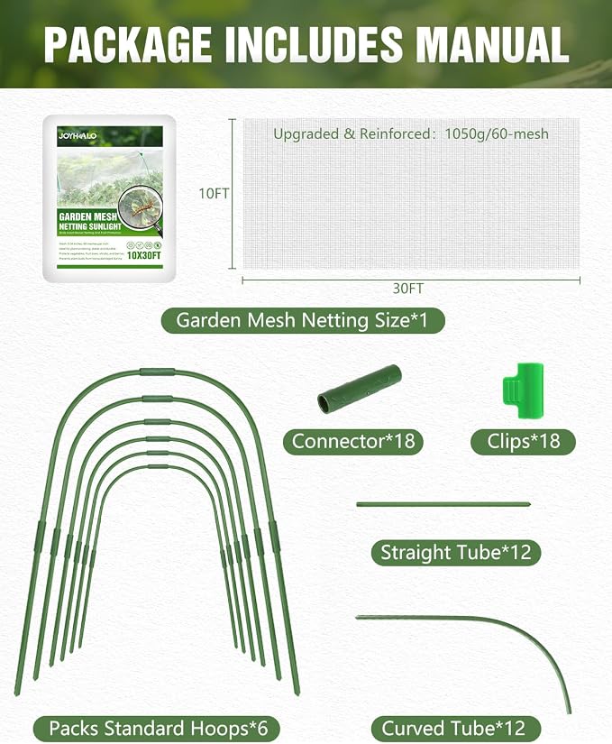 6 Sets Garden Hoops with 10x30 Ft Netting for Raised Beds, 18 Clips | 10x30 Ft Garden Net, Bird & Cicada Net for greenhouse, Vegetables, Trees, Garden crops, Plant cover, Frost guard, Shade cloth