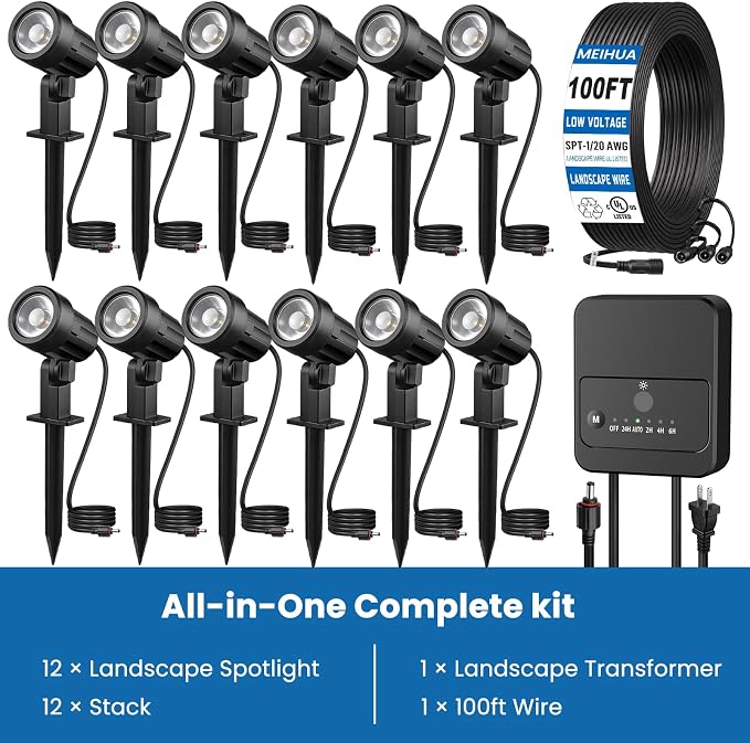 MEIHUA All-in-One Low Voltage Landscape Lighting Kit, Warm White, 12-Pack | Landscape Lights with Transformer 100FT Wire and Connectors 2700K Waterproof Landscape Spotlights for Garden Yard House Tree