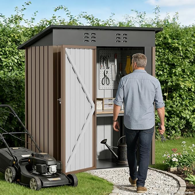COMHOMA Shed Outdoor Storage Shed Metal,Lockable Doors Tool Sheds with Sloping Roof,Steel Garden Shed with Air Vent for Backyard,Patio,Lawn,Poolside(Brown,5'*3')