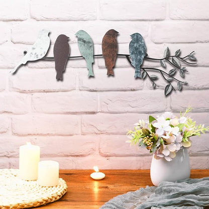 Ferraycle Metal Bird Wall Art - Birds on Branch with Leaves - Metal Sculpture Wall Hanging Sign for Balcony, Garden, Home Decor(Vivid Colors)