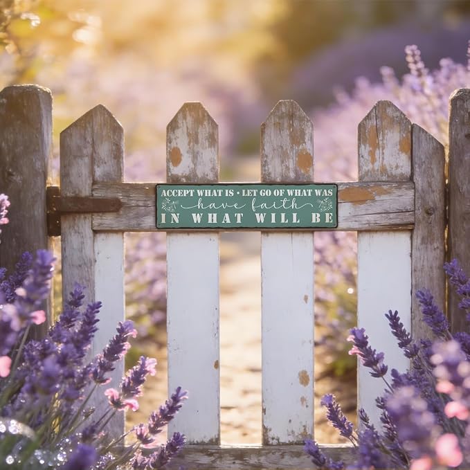 Garden Metal Tin Sign, Vintage Inspirational Quote Decor, Accept What Is Have Faith Wall Art, for Garden Yard Porch Fence, Rustic Outdoor Indoor Metal Sign, 15.7 x 3.9 Inches