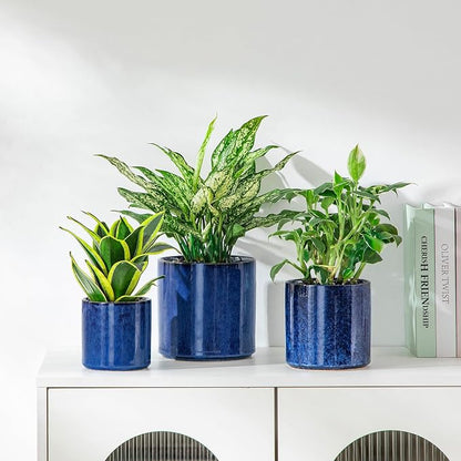 vancasso Ceramic Plant Pots, 4.25+5.25+6.25 Inch Planter Pot with Drainage Hole, Flower Pots for Indoor Outdoor Plants, Set of 3, Blue
