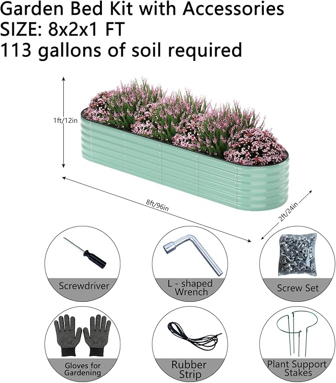 ZFHgarden Garden Box Raised Flower Bed Galvanized Metal Planter Round Raised Garden Bed Kit for Gardening Outdoor 1PC Green 8X2X1FT