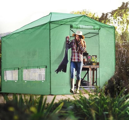 EAGLE PEAK 12x8 Portable Walk in Greenhouse, Pop Up Indoor Outdoor Greenhouse, Green House Kit with Zippered Roll-Up Doors, Windows + Support Pole, PE Cover, Clear/Green