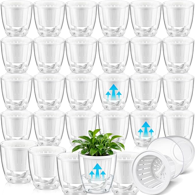 36 Pcs Self Watering Pots 3.5 Inch Plastic Flower Plant Pot with Inner Pot Self Watering Wick Planter White Clear Flower Pots for Indoor Plants Herbs, Flowers, Succulent (Transparent White)