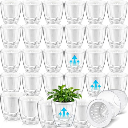 36 Pcs Self Watering Pots 3.5 Inch Plastic Flower Plant Pot with Inner Pot Self Watering Wick Planter White Clear Flower Pots for Indoor Plants Herbs, Flowers, Succulent (Transparent White)