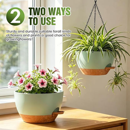 12 Inch Large Self Watering Hanging Planters 2 Pack with Saucers | Set of 2 12-inch self-watering hanging planters with extra soil capacity, side-fill ports, chain hangers & snap-on saucers