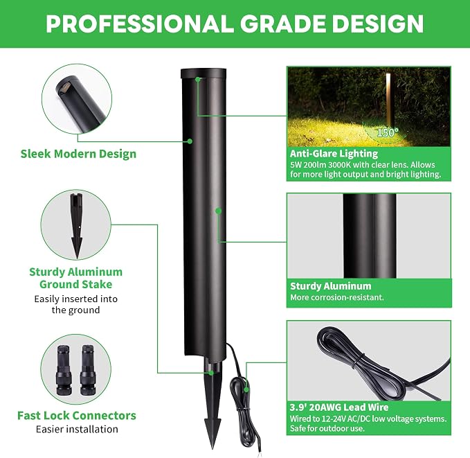 Low Voltage Pathway Lights 12V, LED Landscape Path Lights, Outdoor Waterproof Wired 5W 200LM, Black Aluminum Garden Yard 12 Pack