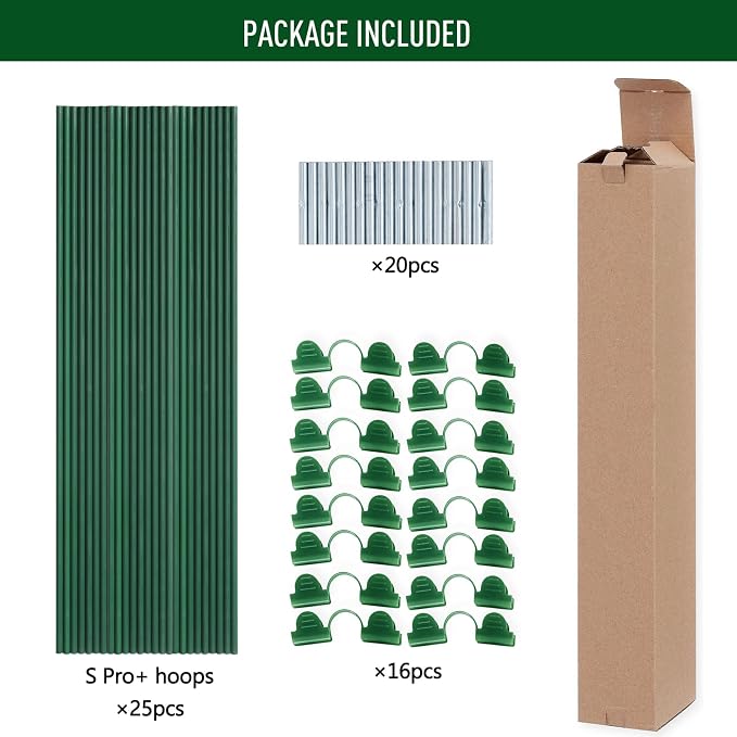 MAXPACE Greenhouse Hoops Kit, DIY 8ft Grow Tunnel, Fits Raised Garden Beds Up to 2.7ft Wide, 25 Pcs Rust-Proof Fiberglass Frame Support Rods for Row Cover, Shade Cloth, Frost Netting & Plant Stakes