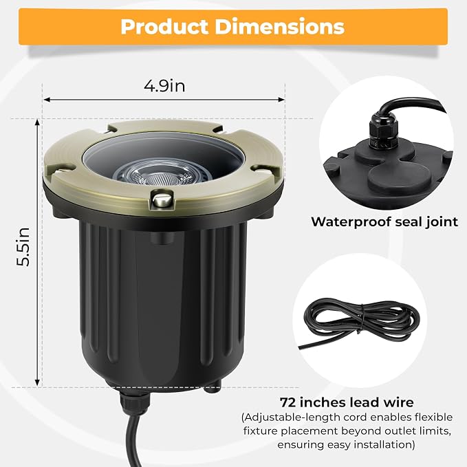 Gardencoin Brass Low Voltage Landscape Well Lights (5" Cover, 5.5" Tall), 12V LED Wired In-Ground Outdoor Up Lighting Fixture Waterproof, Adjustable Beam Direction Base, Without MR16 Bulb (12 Pack)