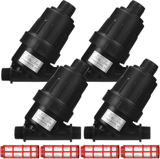 Glooglitter 4 Pcs 3/4" NPT Drip Irrigation Y Filter, 3/4" MPT Inline Y Filter with 120 Mesh Stainless Steel Screen and Flush Cap for Garden Hose Irrigation System Parts