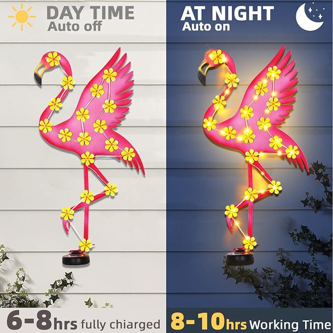 Metal Flamingo Outdoor Wall Decor with 30 Led Solar Lights- 23.2" Outdoor Fence Wall Art Decor, Gift for Mom Grandma Women Birthday Gardening,Hanging Decoration for Garden Patio Porch Yard