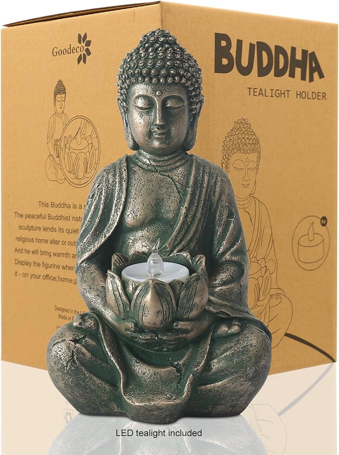 Goodeco Meditation Small Buddha Statue Figurine -Buddha with LED Tea Lights Candle Holder,Gift idea,Zen Home Decor Meditation Accessories,Antique Bronze Look 8"