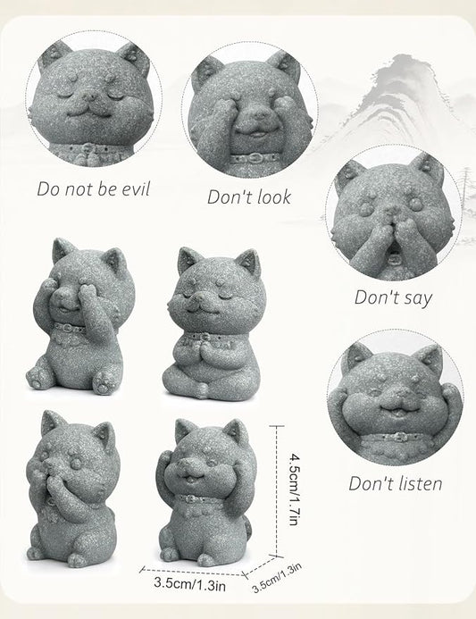 4 Piece Cute Dog Figurine Set, Sandstone See no Evil,Hear no Evil,Speak no Evil,Do no Evil Statues, Zen Garden/Desk Decor