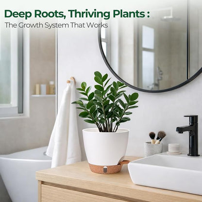T4U 2 Pack 8 Inch Self Watering Pots - Water Level Indicator & Deep Reservoir, Mess-Free Planter for Busy People, Beginners & Gardeners, Pothos/Herbs/Snake Plants, Indoor Outdoor Use (White)