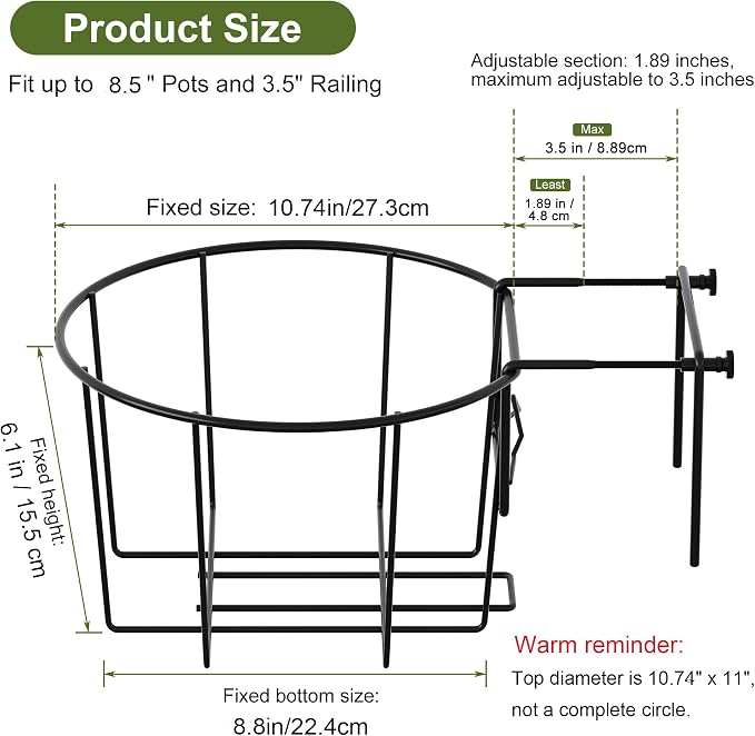 TQVAI Adjustable Hanging Railing Planter for 1.89 to 3.5 Inches Railings - Outdoor Balcony Deck Flower Pot Holder, Metal Baskets for Garden Orchid, Patio Ledge, 3 Pack, Black