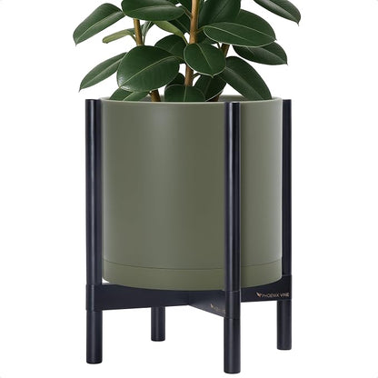 D'vine Dev Plastic Pot with Ebony Wood Stand, Olive, 14 in, 55-C-T-3 | Mid-Century Inspired Design, Elevated Plant Display, Clean Lines, Sturdy Support, Modern Space-Saving Style