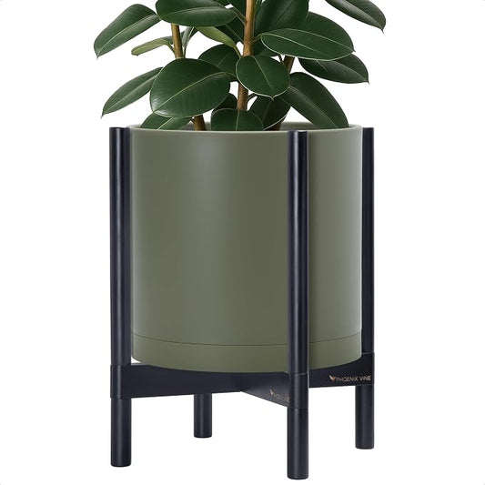 D'vine Dev Plastic Pot with Ebony Wood Stand, Olive, 14 in, 55-C-T-3 | Mid-Century Inspired Design, Elevated Plant Display, Clean Lines, Sturdy Support, Modern Space-Saving Style